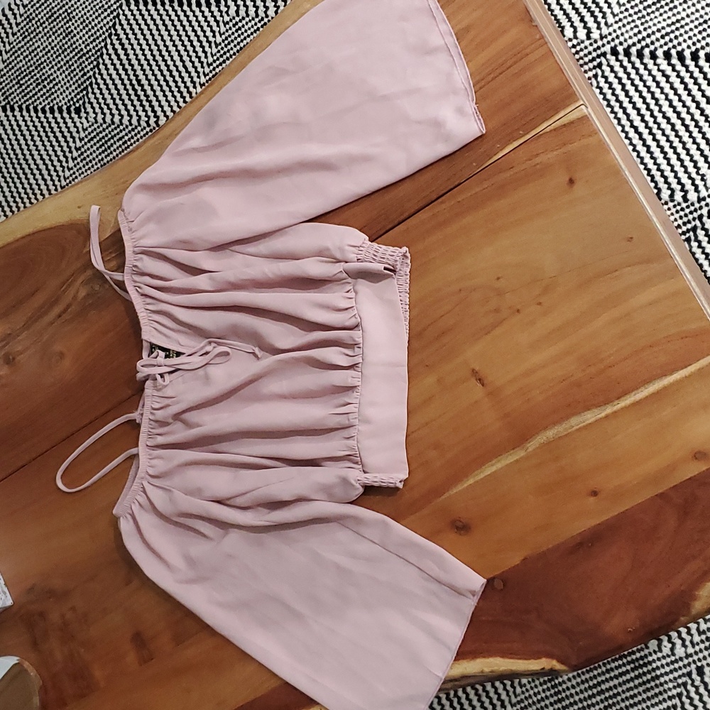 Blush Pink Cold Shoulder Bell Sleeve Smocked Crop Top